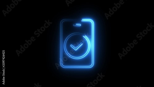 Smartphone checkmark neon glowing animation. blue light digital gadget with verified symbol.