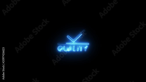 Blue neon quality sign flickering animation with check mark symbol on black background 4k.
