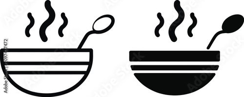 Cuadro en lienzo Hot soup bowl icons featuring steam, spoon, restaurant menu, food service, kitchen, and meal symbols in vector style