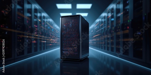 Server tower illuminated in a data center hallway