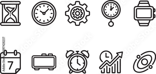 Set of ten monochrome outline icons representing various time management tools and productivity concepts for modern digital with timekeeping instruments productivity
