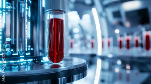 High tech laboratory robotic system handling test tube with red liquid sample inside sterile futuristic environment with advanced medical equipment precision diagnostics scientific research atmosphere