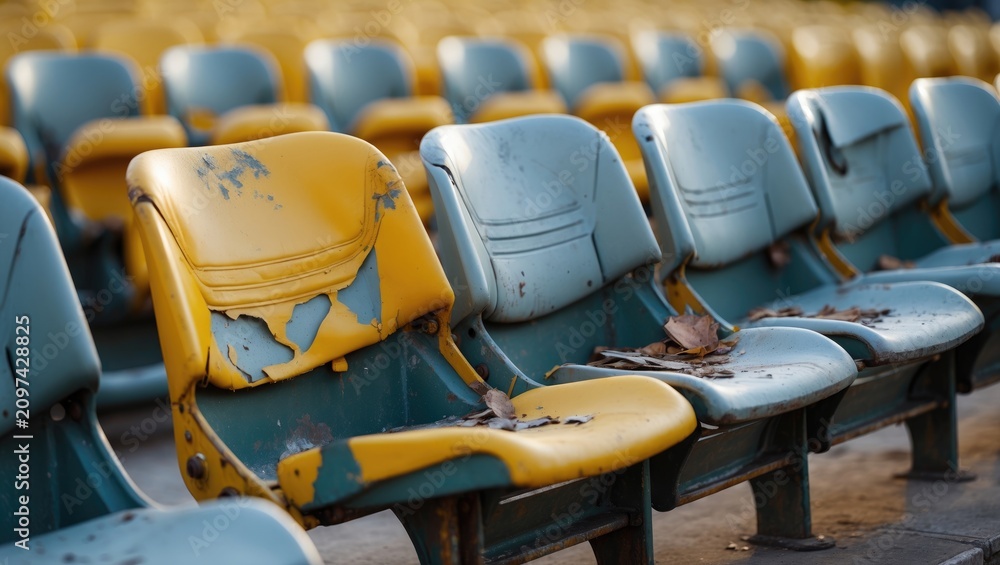 Fototapeta premium Old coloured empty stadium seats viewed from above.