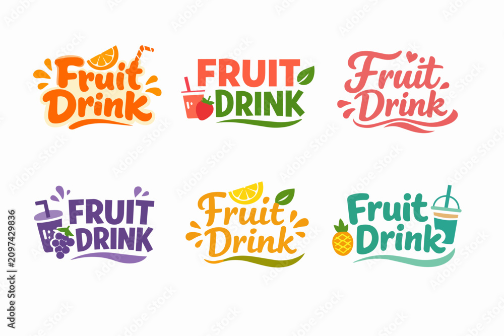 Obraz premium Fruit drink logos presenting various liquid beverages, fruits, and straws, suitable for organic or fresh product branding