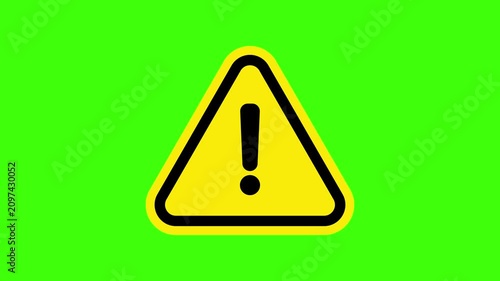 Caution symbol video animation on green screen displaying warning sign with exclamation mark. 4k video