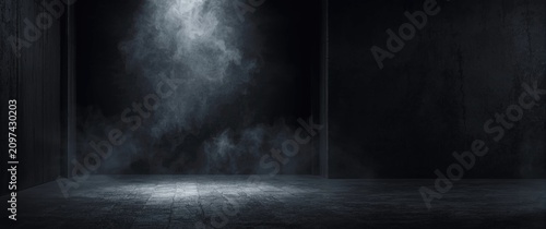Mysterious Dark Room with Fog and Spotlight Creating Dramatic Atmosphere