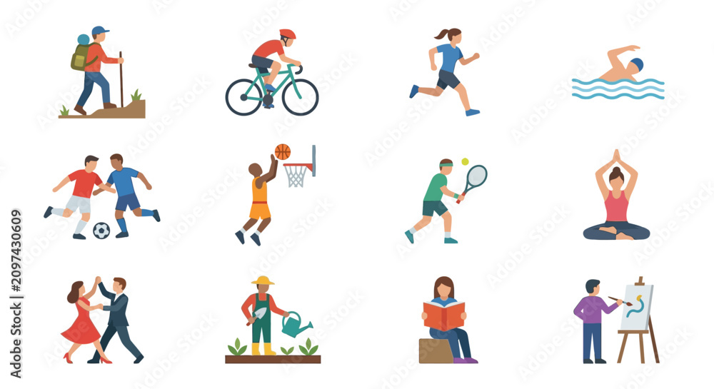 Fototapeta premium Various people engaging in leisure sports and hobbies in a vector set illustration