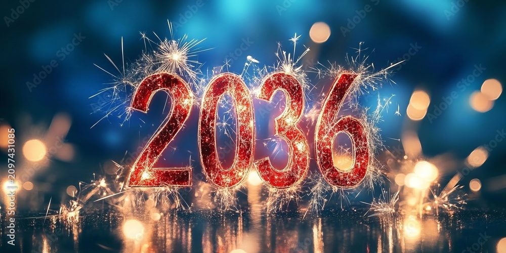 Fototapeta premium The Number 2036 As Sparkling Fireworks Ornate Script On A Decorative Festive Bokeh Party Background