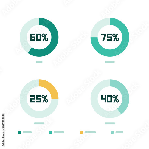 Geometric chart infographic kit, donut graphs showing 60, 75, 25 and 40 percent values, teal green color scheme