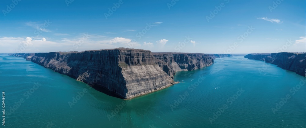 Fototapeta premium Panoramic View of Steep Rocky Cliffs Overlooking Turquoise Water Under Clear Blue Sky