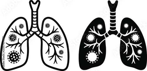 Bild auf Leinwand Human lungs icons featuring respiratory infection, virus cells, pulmonary system, healthcare, and medical disease prevention concepts