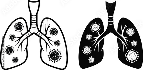 Foto Human lungs icons featuring respiratory infection, virus cells, pulmonary system, healthcare, and medical disease prevention concepts