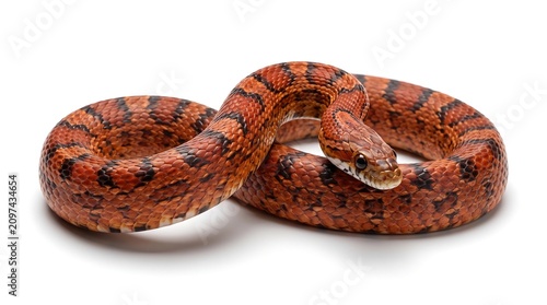Corn snake coiled on a white background displaying reddish brown and black patterned scales animal biology boa coil creature detailed