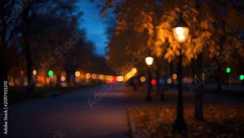 Blurred Lights Along a Tree-Lined Pathway at Dusk in Autumn
