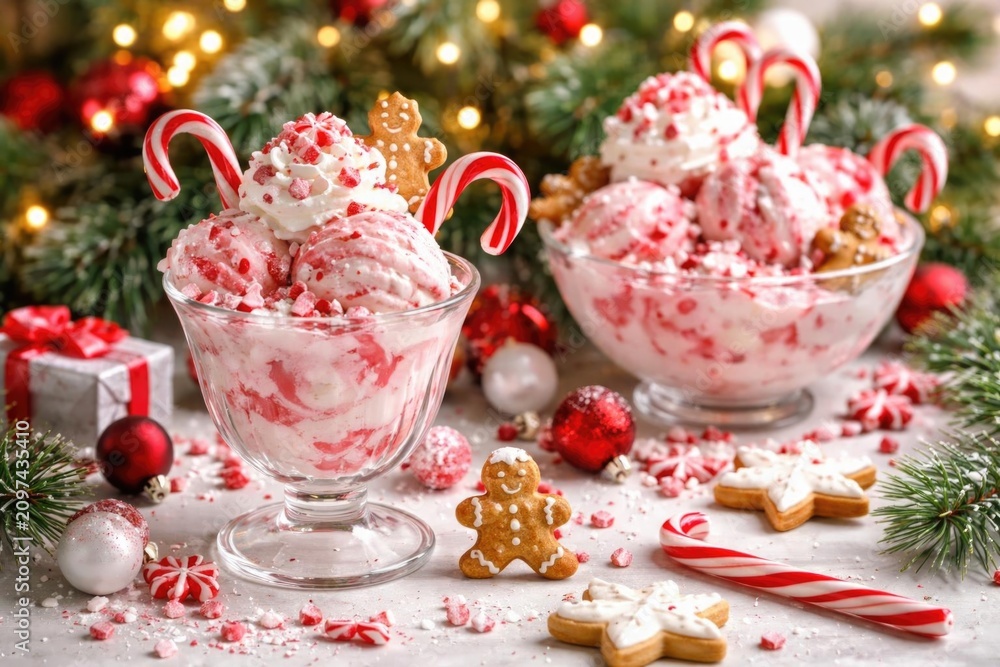 Fototapeta premium Festive Ice Cream Sundae with Candy Canes and Gingerbread Cookies on a Holiday Table