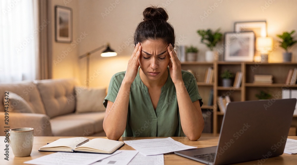 Obraz premium Woman with brown hair sitting at a desk, stressed while looking at paperwork and laptop in a cozy home office setting
