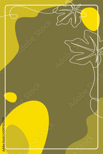 Autumn leaf background frame with minimalist white line art foliage and abstract organic shapes in olive green and mustard yellow for seasonal greeting cards