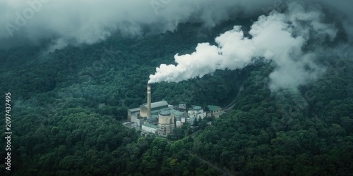 Industrial Factory Emitting Smoke Surrounded by Lush Green Forest Under Overcast Sky