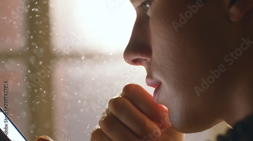 Close up of a person with a mobile phone in front of a bright light