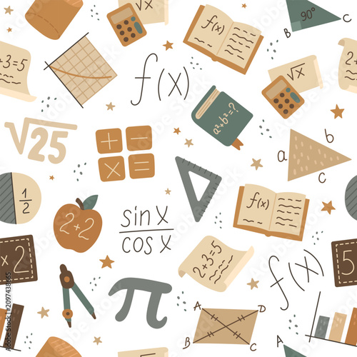 Mathematics school seamless pattern set featuring triangle function calculator compass pi equation graph fraction apple root textbook ruler addition histogram