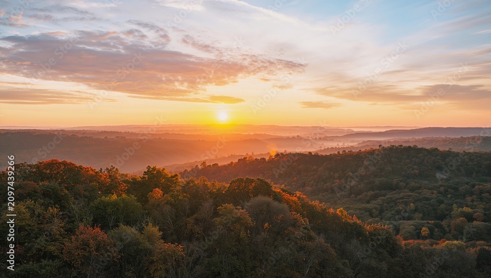 Fototapeta premium Sunrise over Autumn Hillside Landscape with Colorful Foliage