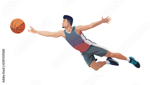 Basketball player jumping for ball. Athlete in dynamic action pose isolated.