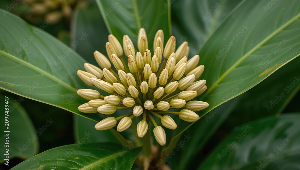 Fototapeta premium Closeup of Flower Bud Cluster Surrounded by Green Leaves in Natural Setting