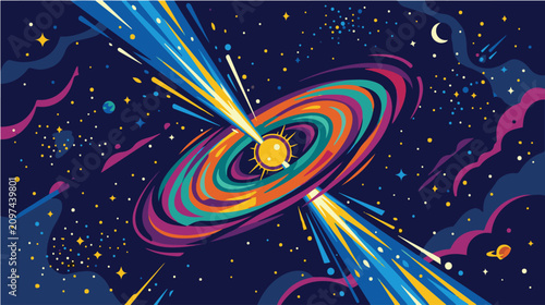 Foto Colorful abstract cosmic vortex with glowing planet, vibrant orbital rings, stars, and energy beams in deep space