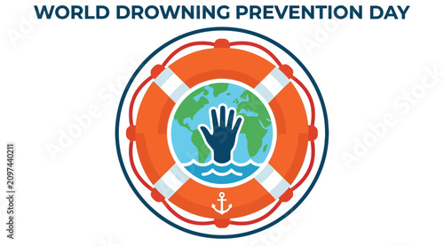 Foto Life preserver emblem with earth and hand vector illustration