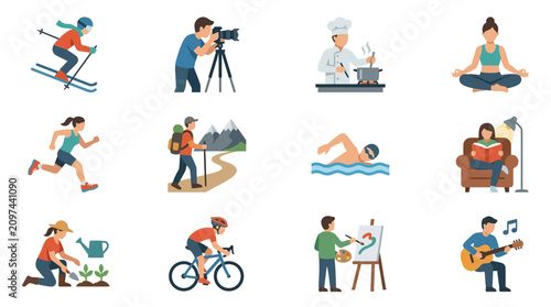 Bild auf Leinwand People engage in various leisure activities like skiing, photography, cooking, yoga, and playing music in a vibrant setting
