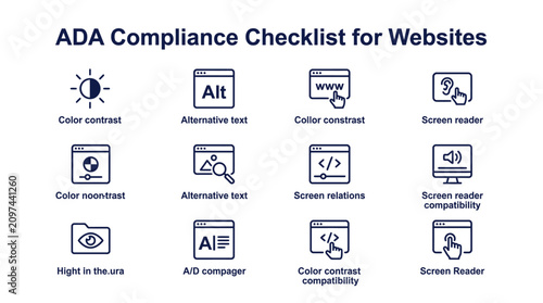 ADA Compliance Checklist Infographic featuring blue accessibility icons on white background ideal for web development blogs and digital inclusion training.