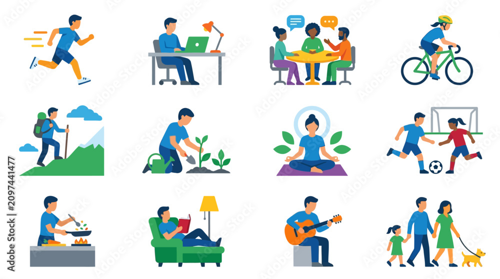 Fototapeta premium People engage in various leisure activities outdoors and indoors with set vector
