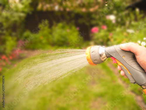 Photos Watering the lawn with a sprayer on a hot summer evening - water shortage - Hose