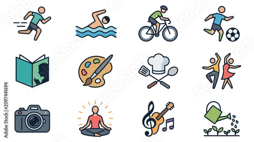 Foto Athletes and artists engage in various activities with hobbies and objects nearby indoors