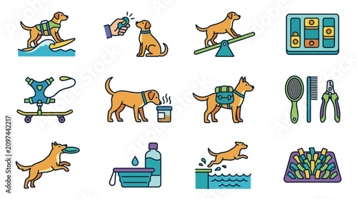 A playful dog rides skateboard and engages in fun activities with vector set.