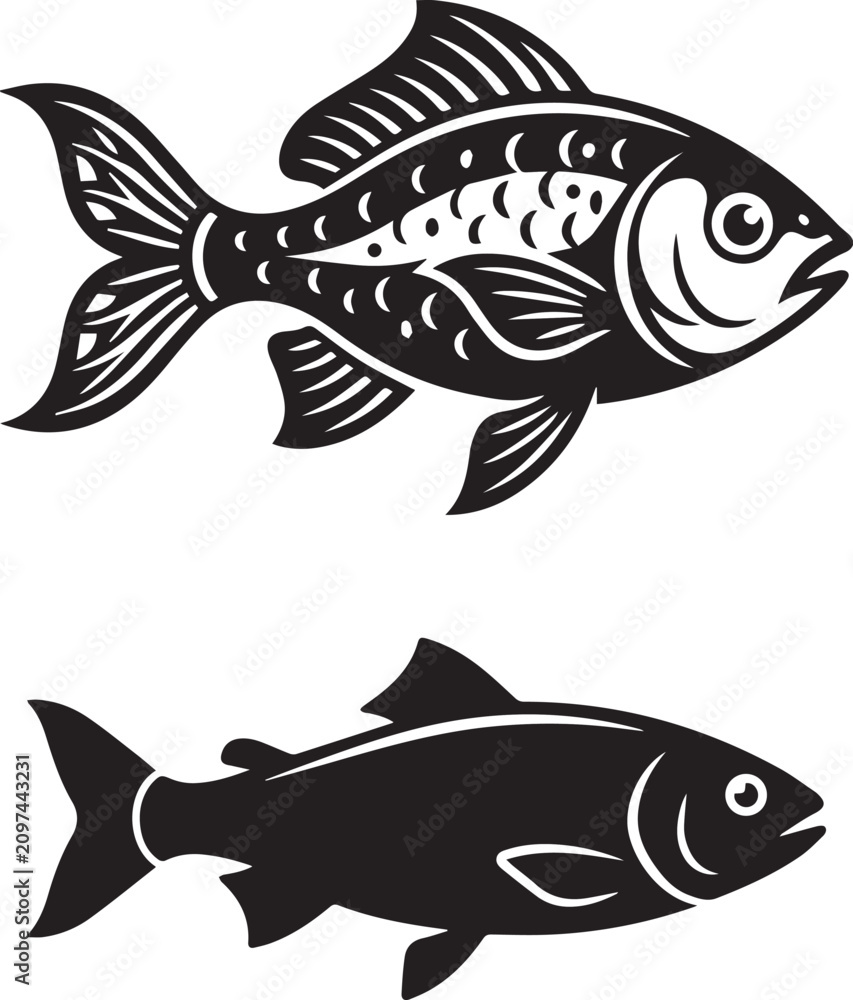 Fototapeta premium Black and white fish logo set featuring detailed engraved and solid silhouette fish illustrations, ideal for branding, fishing, seafood, labels, packaging, icons, and vector design projects.