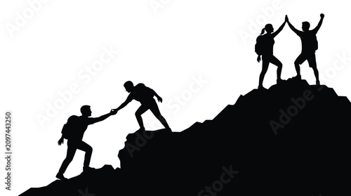 Hikers reaching the mountain peak while helping each other climb up the steep rocky path together