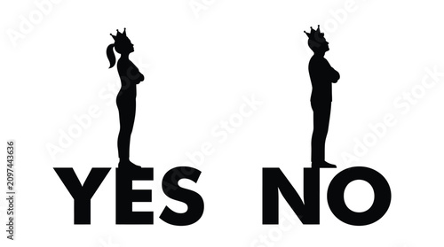 Silhouette of a man and woman wearing crowns standing on yes and no text labels