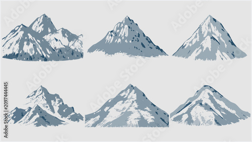 Konstfotografi Six grey mountain illustrations with textured surfaces and shaded slopes vector