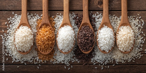 Variety of Rice Types in Wooden Spoons on Rustic Background