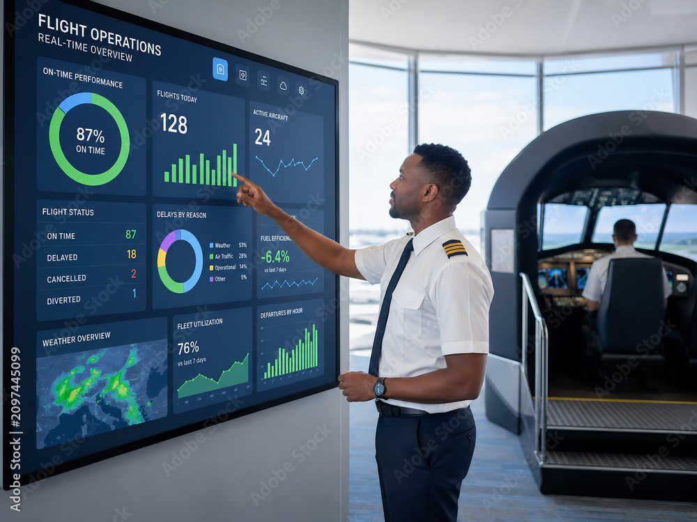 Airline pilot analyzing flight operations data on a digital dashboard