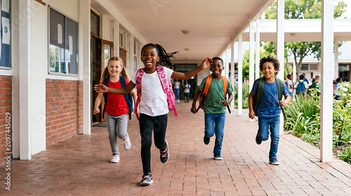 Group of happy diverse school children running happily down a school hallway with backpacks during a sunny day at an educational institution