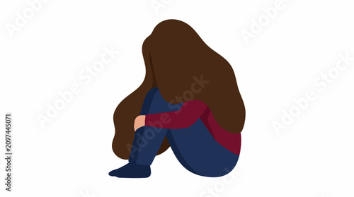 Fotografía Illustration of person sitting alone, sad and depressed, head down, hair coverin