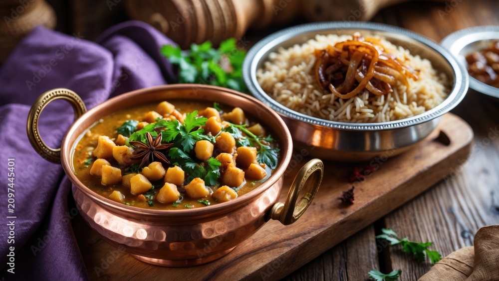 Fototapeta premium Traditional Indian cuisine naan curry masala biryani rice kitchen towel paneer dish