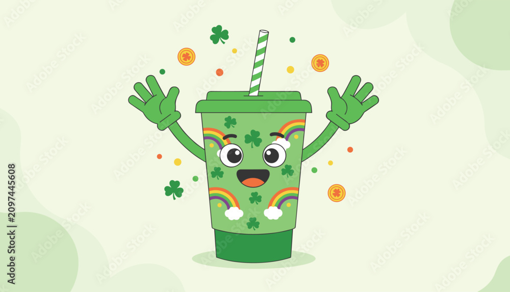 Obraz premium Happy green beverage cup character celebrating Saint Patrick Day with rainbows, shamrocks, and gold coins.