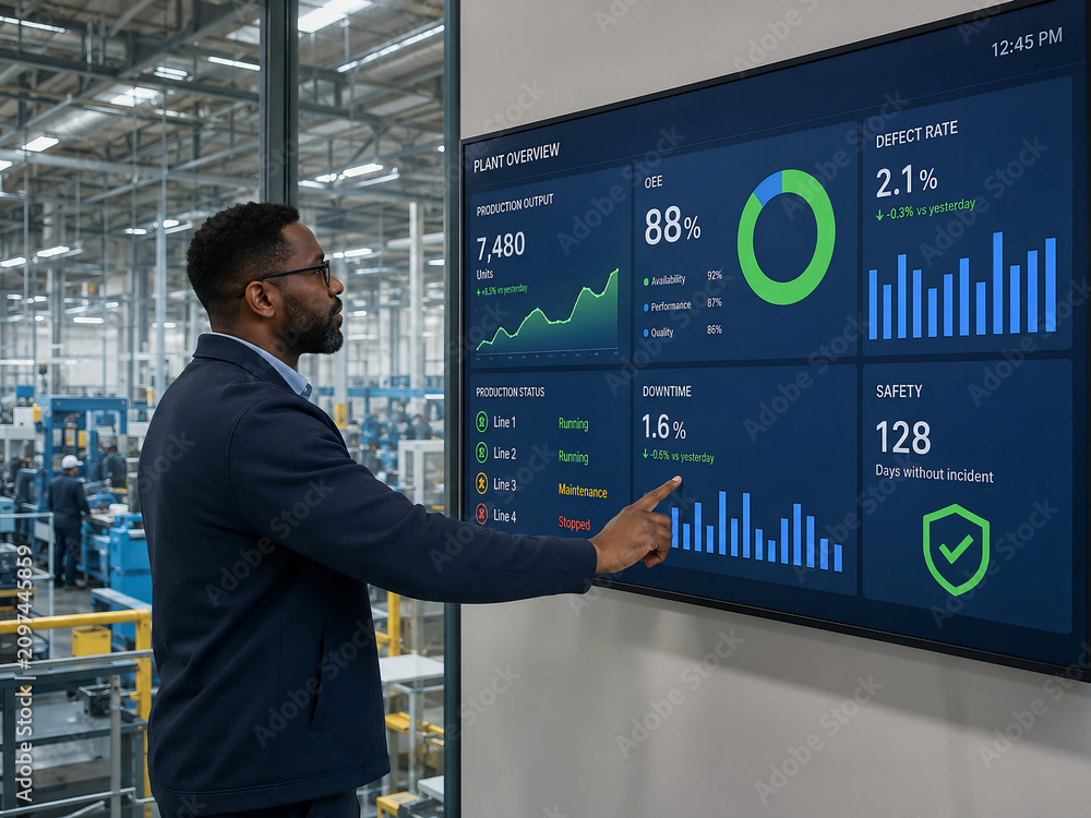Engineer monitoring factory production dashboard on digital screen