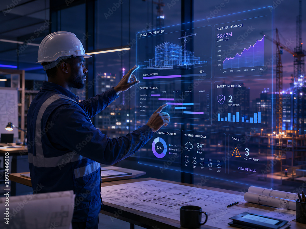 Construction engineer using futuristic digital interface for project management at night