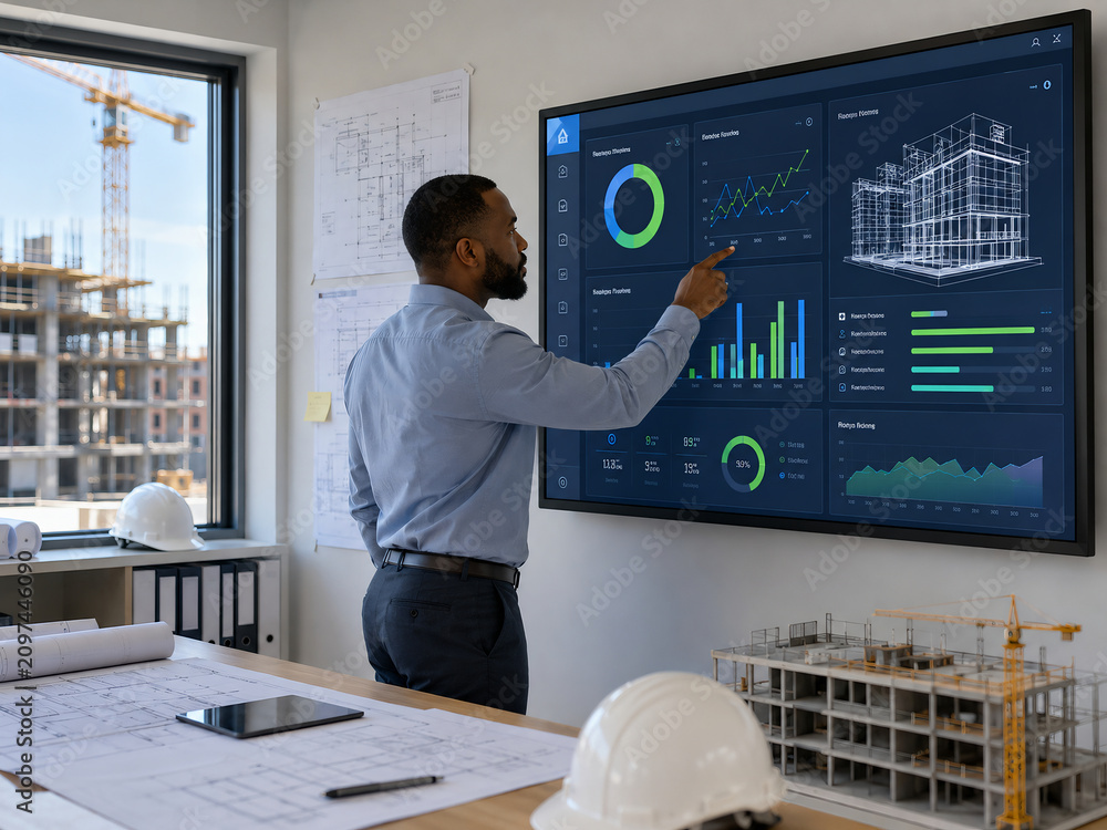 Architect analyzing construction data on a large digital touch screen display in a modern office