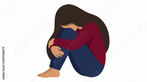 Obraz na płótnie Illustration of depressed woman sitting curled up, mental health concept