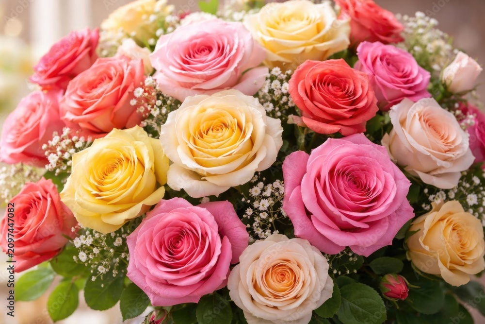 Fototapeta premium Colorful Rose Bouquet Arrangement - Close-Up, Soft Lighting, Romantic Mood